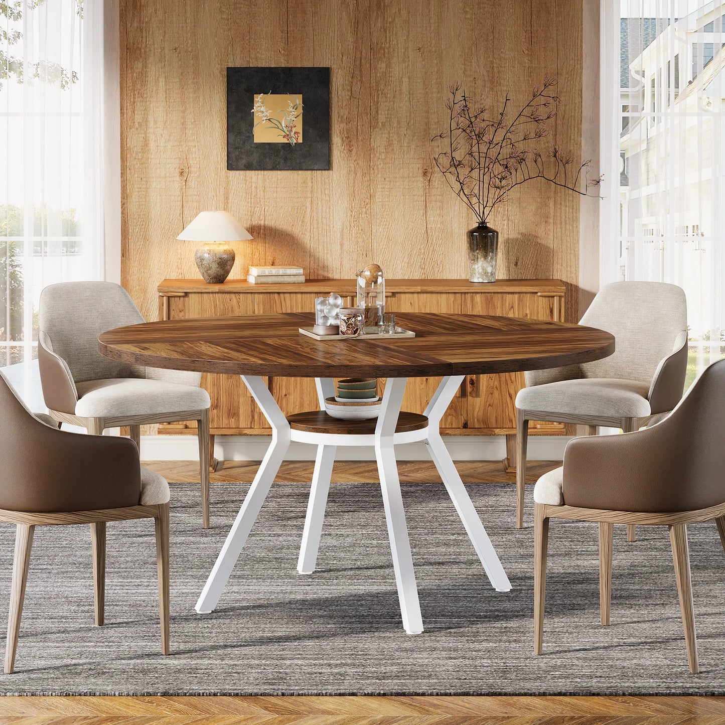 Table de salle à manger Jonathan — bois, métal, rangement intégré, ronde