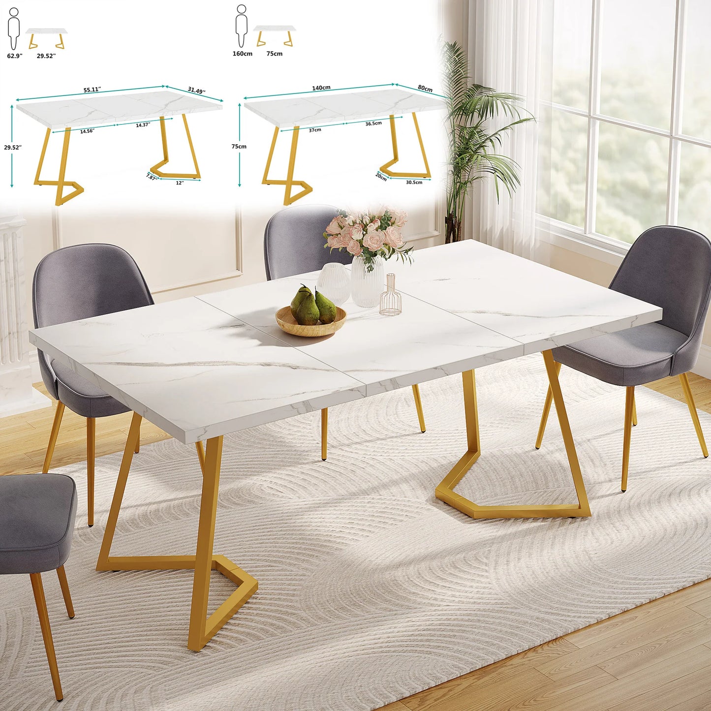 Table de salle à manger Louise — finition blanche, marbre, design contemporain, rectangulaire