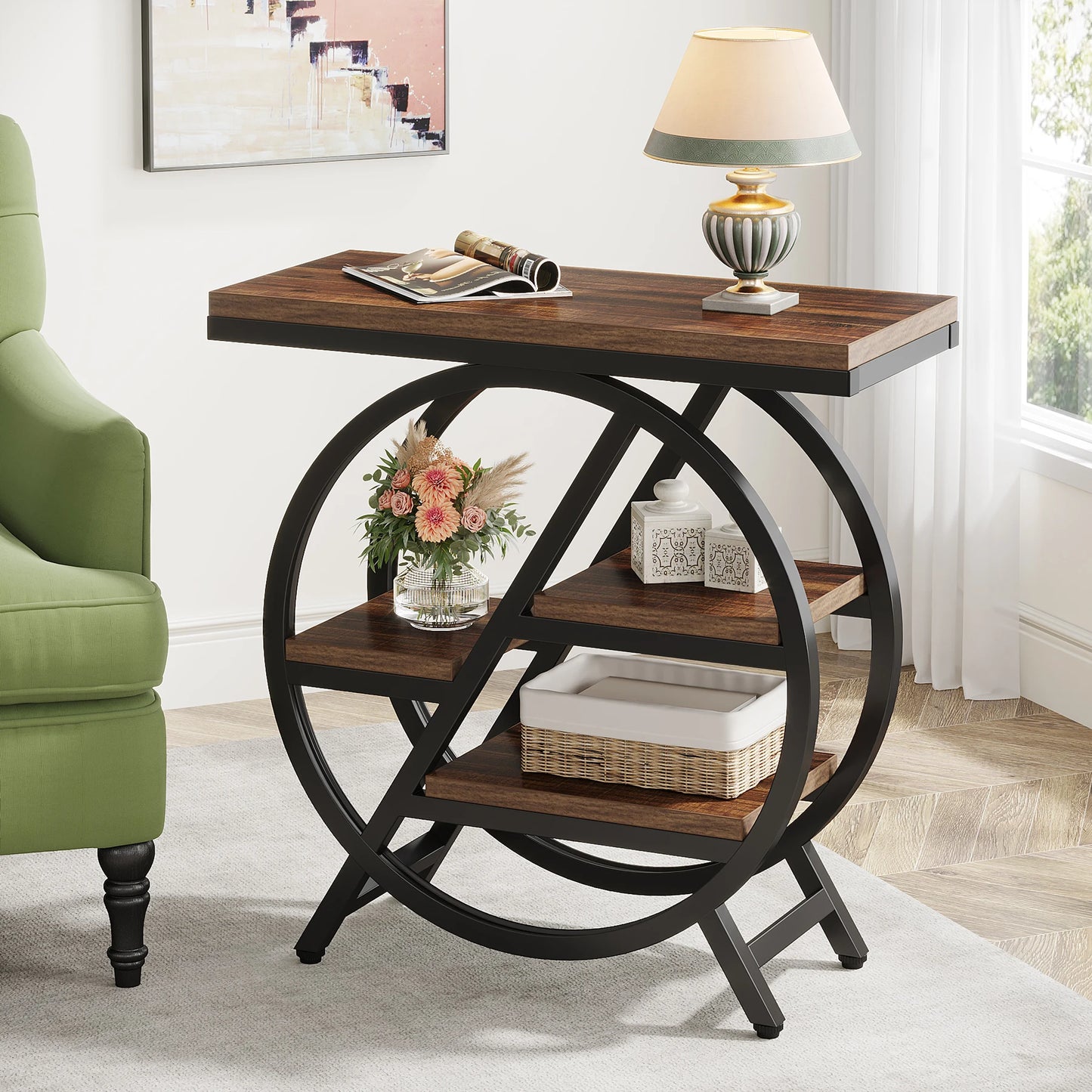 Table d'appoint André — bois, métal, rangement intégré, 3 niveaux