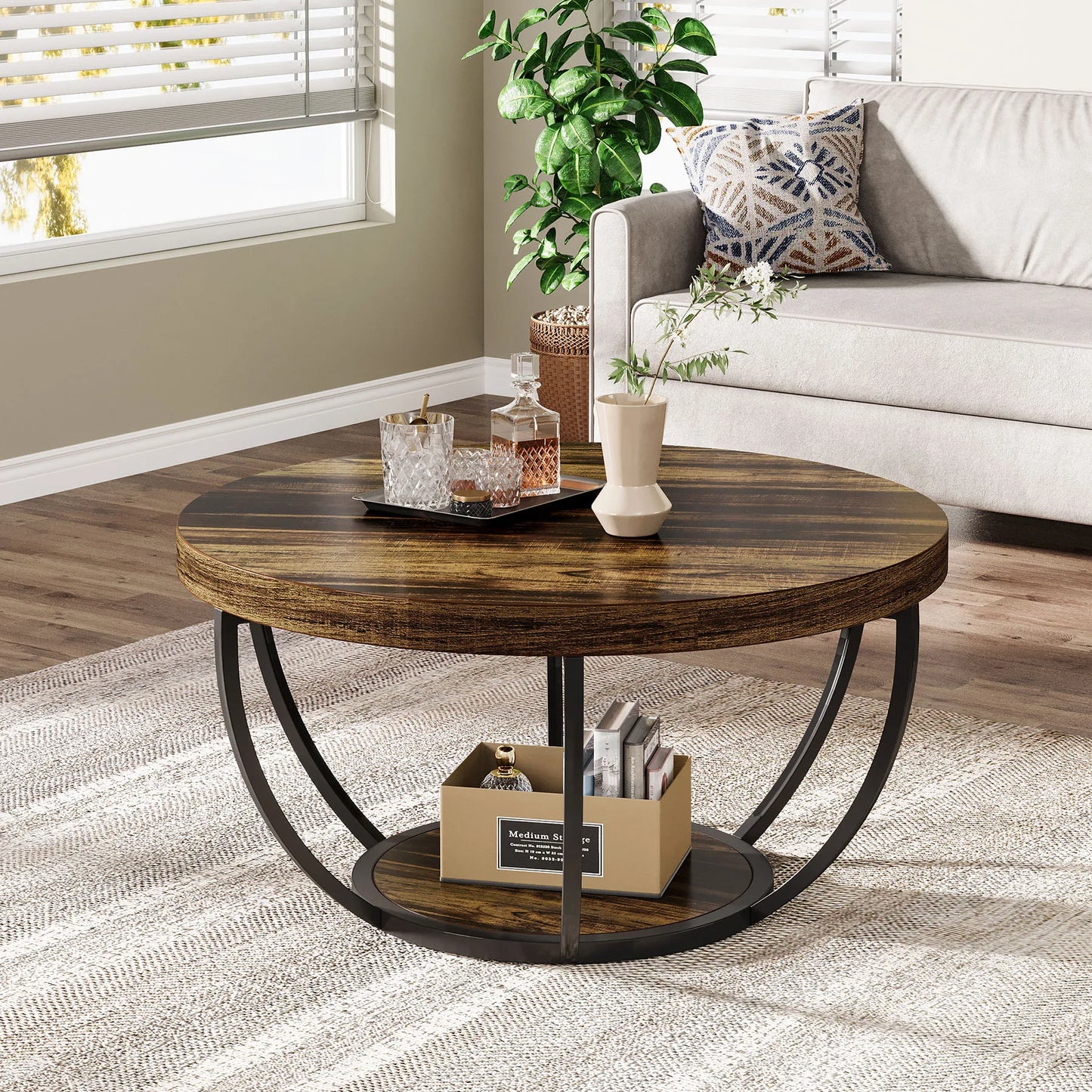 Table basse Isabelle — bois, style industriel, rangement intégré, 2 niveaux