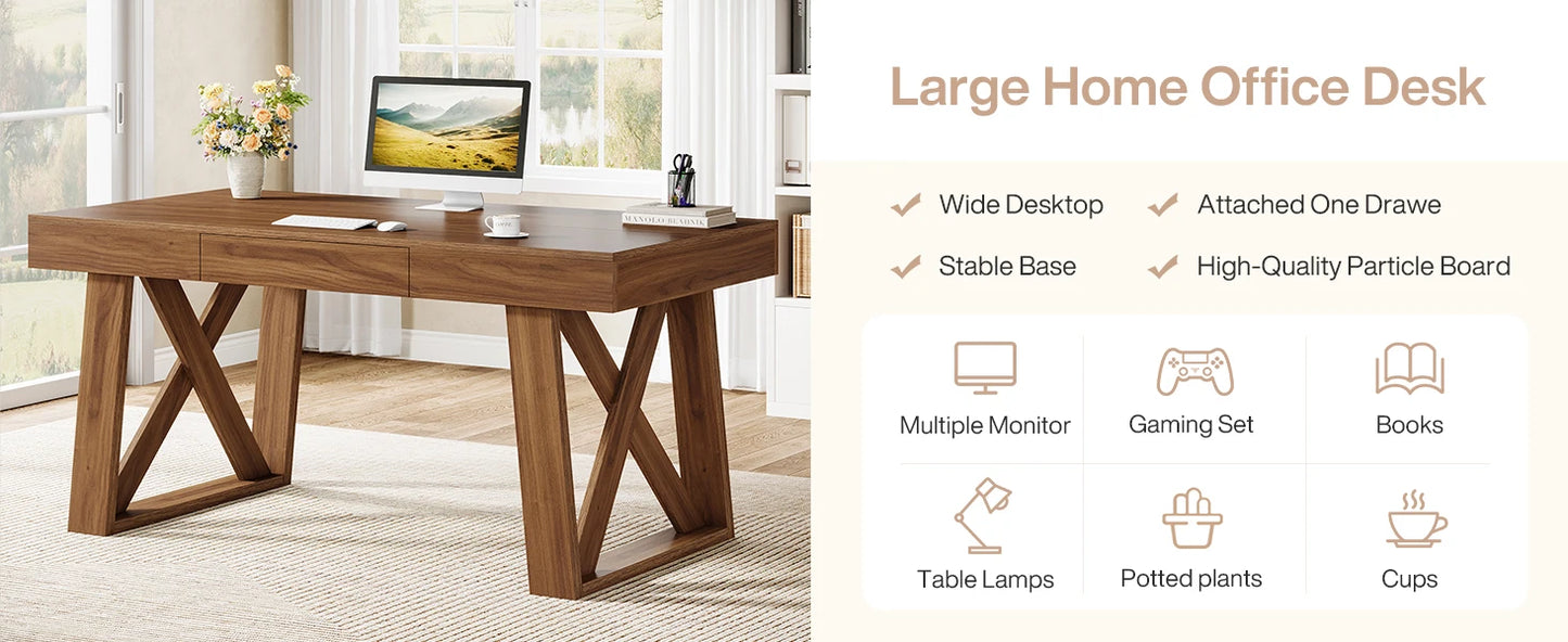 Bureau Martial — finition noyer, style rustique, rangement intégré, avec tiroirs