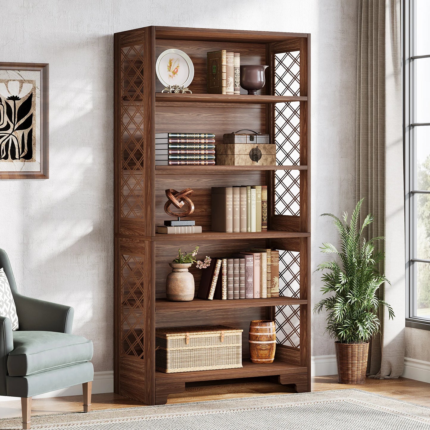 Bibliothèque Delphine — style industriel, rangement intégré, 6 niveaux, étagères ouvertes