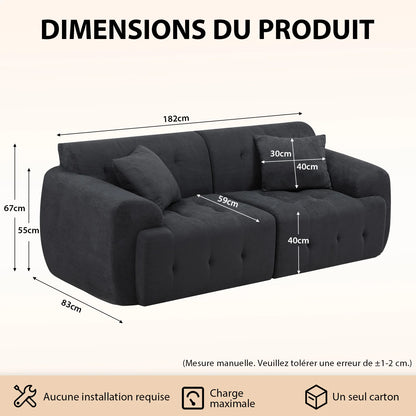 Canapé sol Gabrielle — 2 places, 180×86 cm, montage sans outil