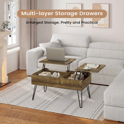 WOLTU Living Room Sofa Table Double Lifting Plate Coffee Table Height-Adjustable Pull-Out Coffee Table Separate Hidden Storage