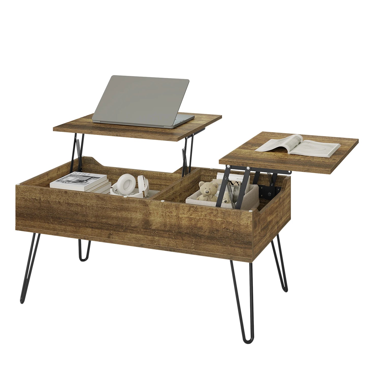 WOLTU Living Room Sofa Table Double Lifting Plate Coffee Table Height-Adjustable Pull-Out Coffee Table Separate Hidden Storage