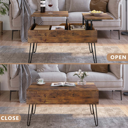 WOLTU Living Room Sofa Table Double Lifting Plate Coffee Table Height-Adjustable Pull-Out Coffee Table Separate Hidden Storage