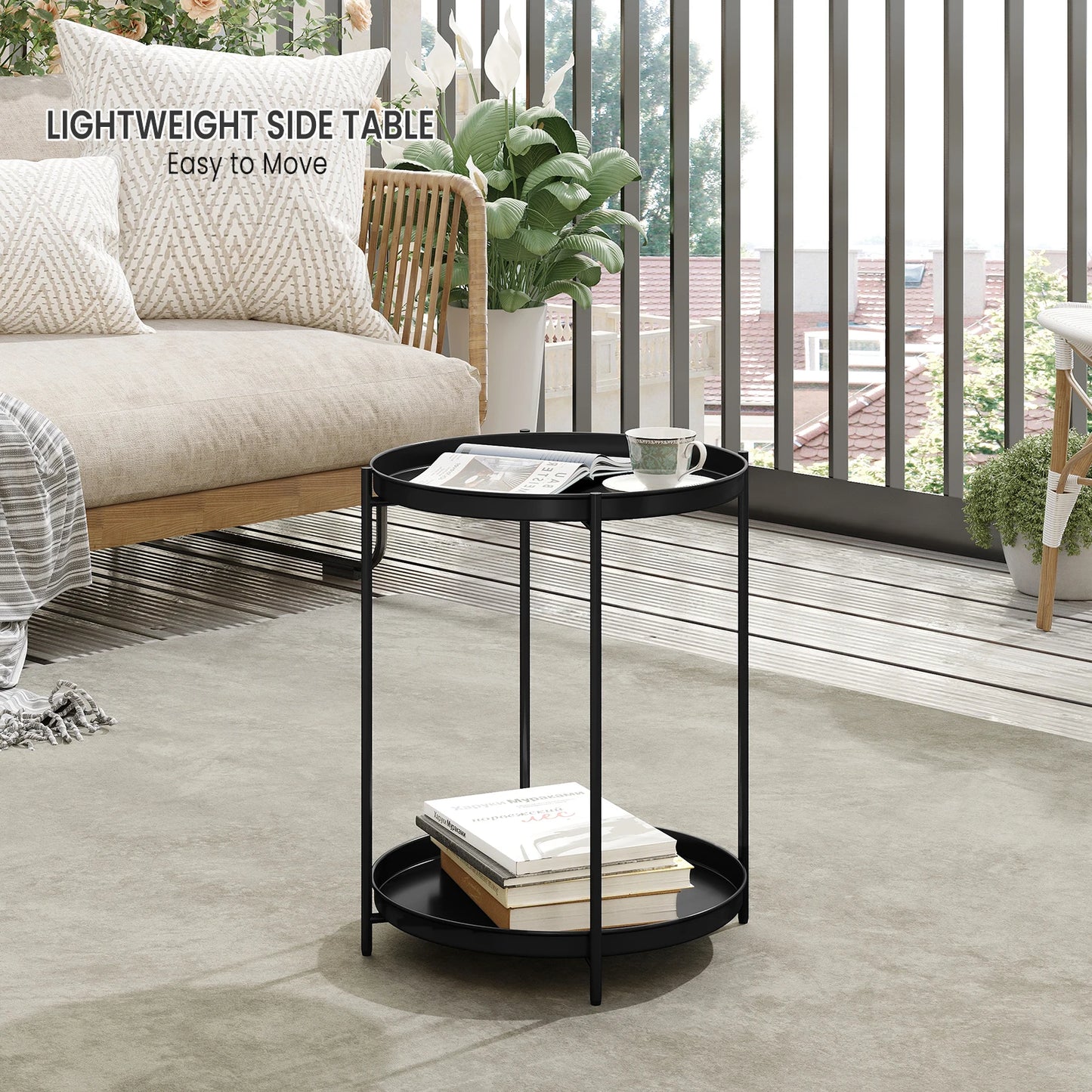 Round Coffee Table Sofa Small Side Table with 2 Removable Trays Bedside Table for Living Room Kitchen Bedroom  Home