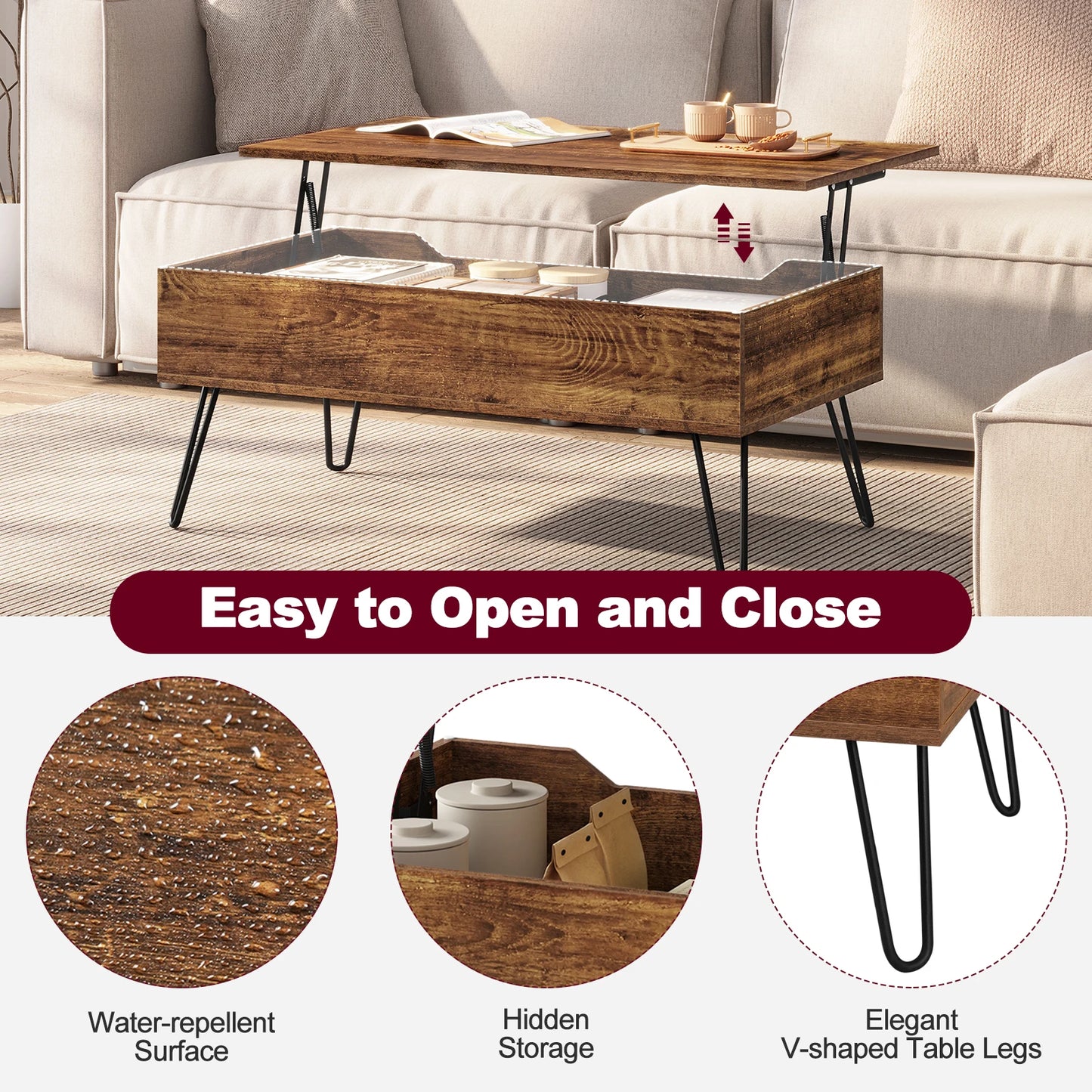 WOLTU Coffee Table with Hidden Storage Height-Adjustable Sofa Side Table Top  for Living Room Office Home Decor