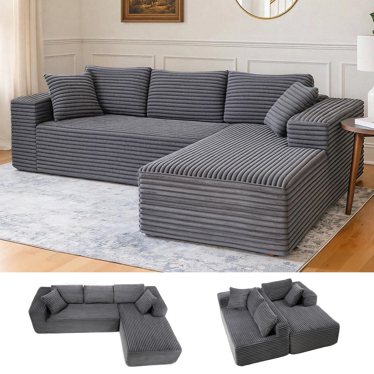 Canapé d'angle modulable Stella — tissu cordé scandinave, chaise longue réversible