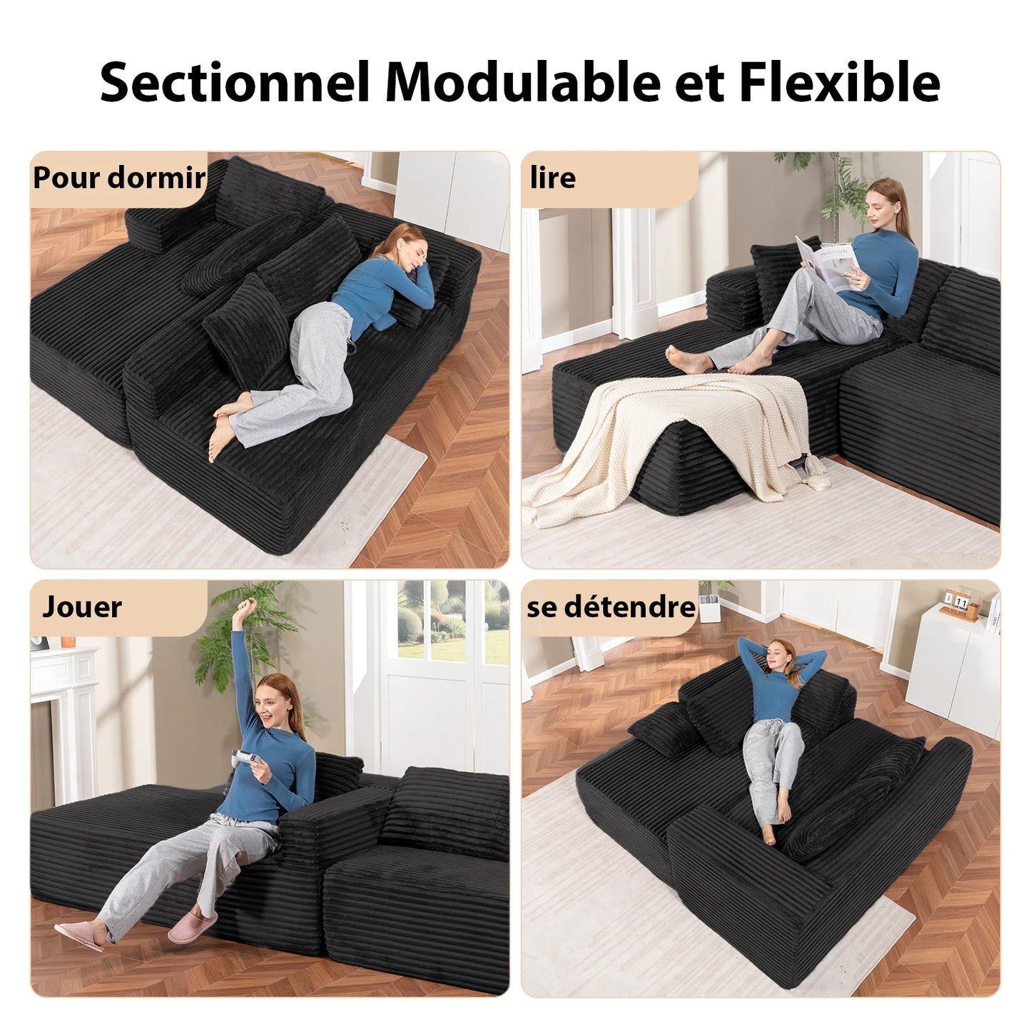 Canapé d'angle modulable Stella — tissu cordé scandinave, chaise longue réversible