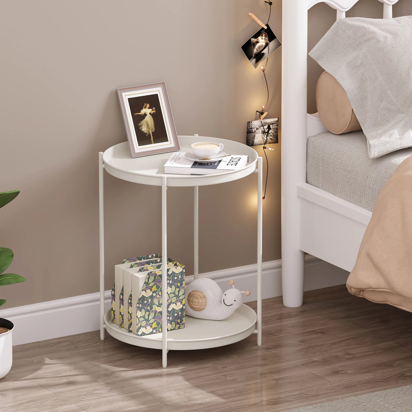 Round Coffee Table Sofa Small Side Table with 2 Removable Trays Bedside Table for Living Room Kitchen Bedroom  Home
