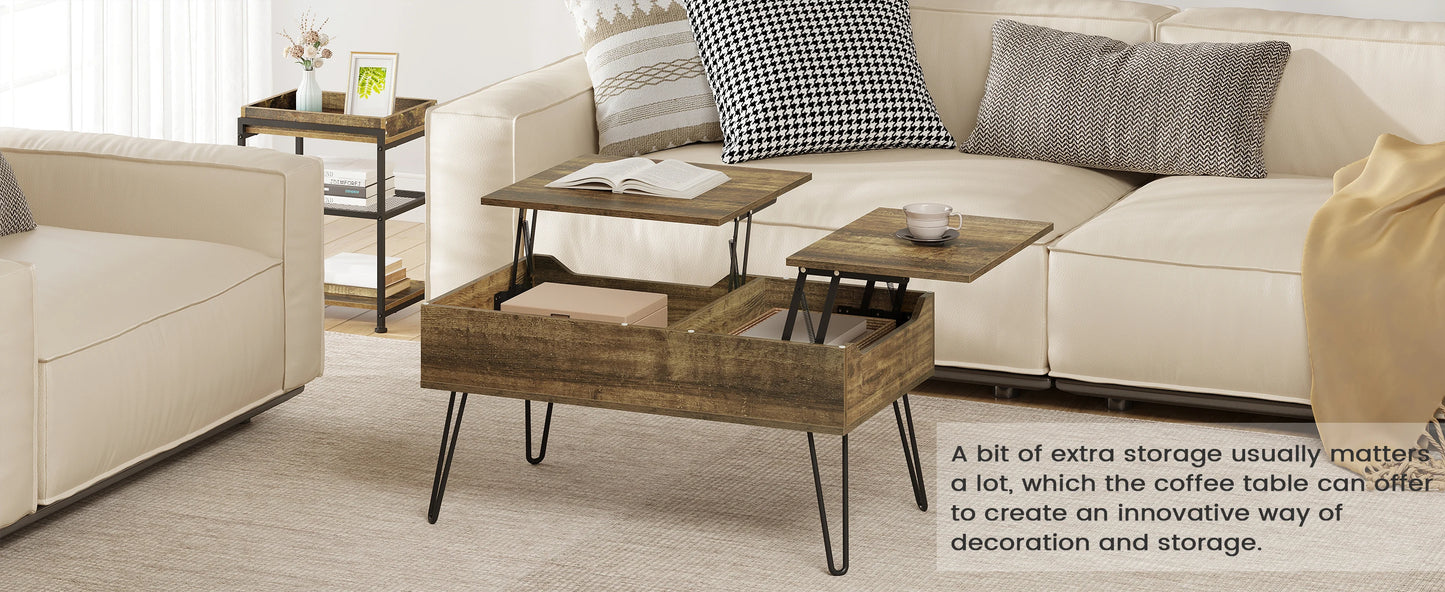 WOLTU Living Room Sofa Table Double Lifting Plate Coffee Table Height-Adjustable Pull-Out Coffee Table Separate Hidden Storage