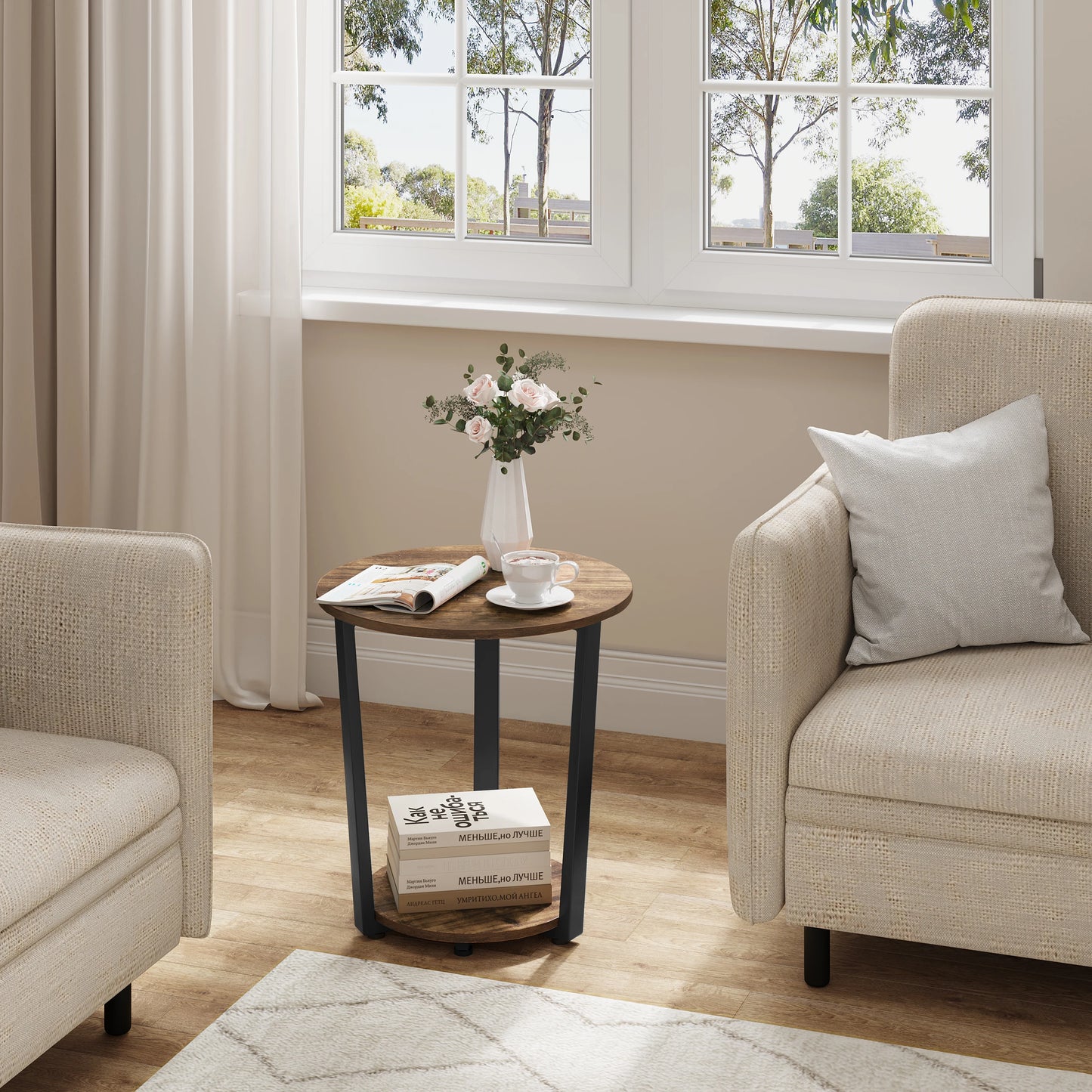 WOLTU Round Coffee Table Modern Small Sofa  Couch Table with 2 Shelves Tea Desk Bedside Table for Living Room Bedroom Home
