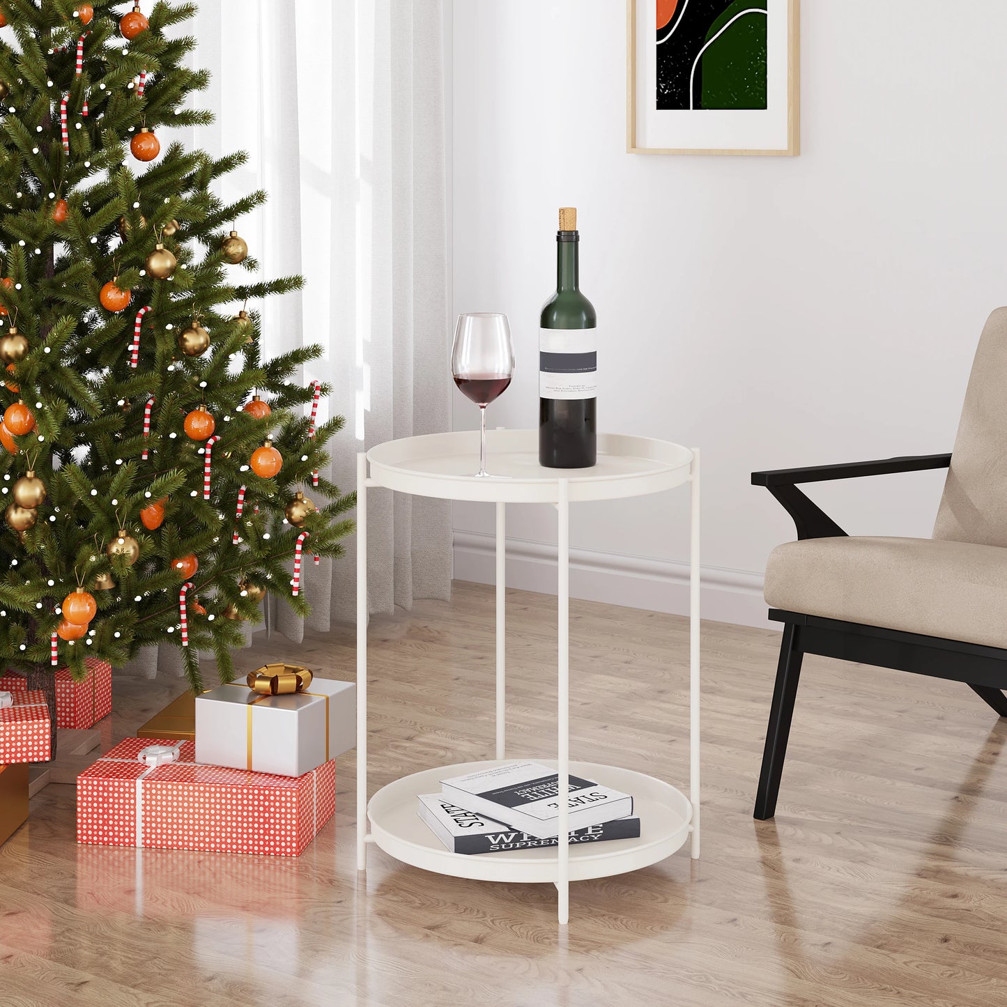 Round Coffee Table Sofa Small Side Table with 2 Removable Trays Bedside Table for Living Room Kitchen Bedroom  Home