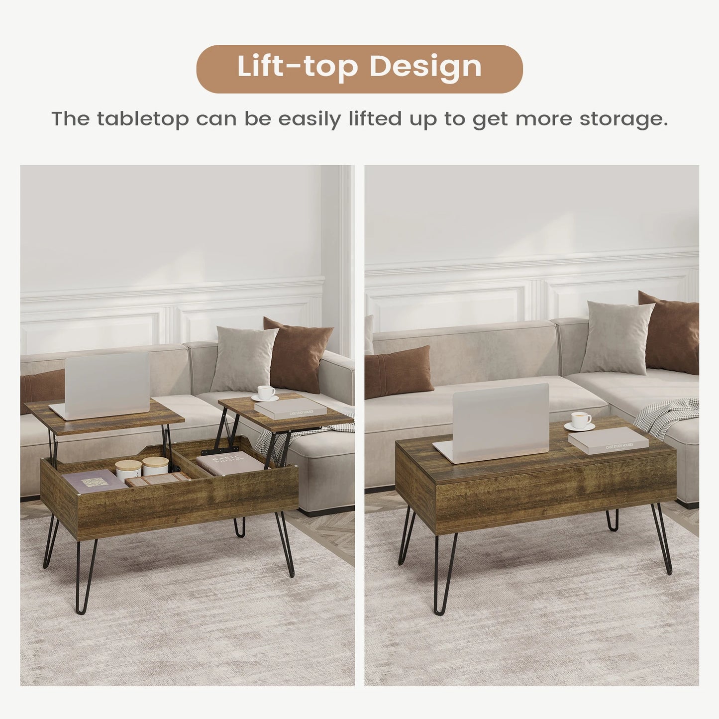 WOLTU Living Room Sofa Table Double Lifting Plate Coffee Table Height-Adjustable Pull-Out Coffee Table Separate Hidden Storage