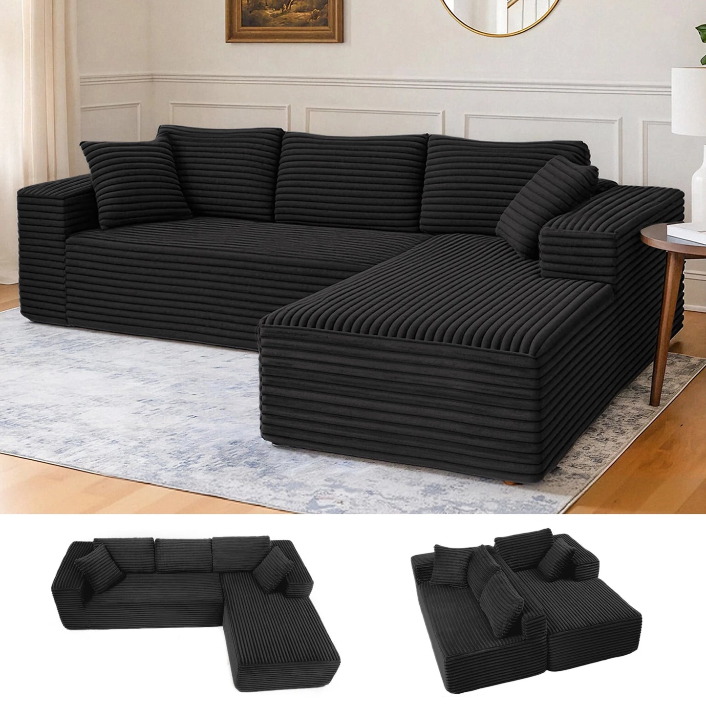 Canapé d'angle modulable Stella — tissu cordé scandinave, chaise longue réversible