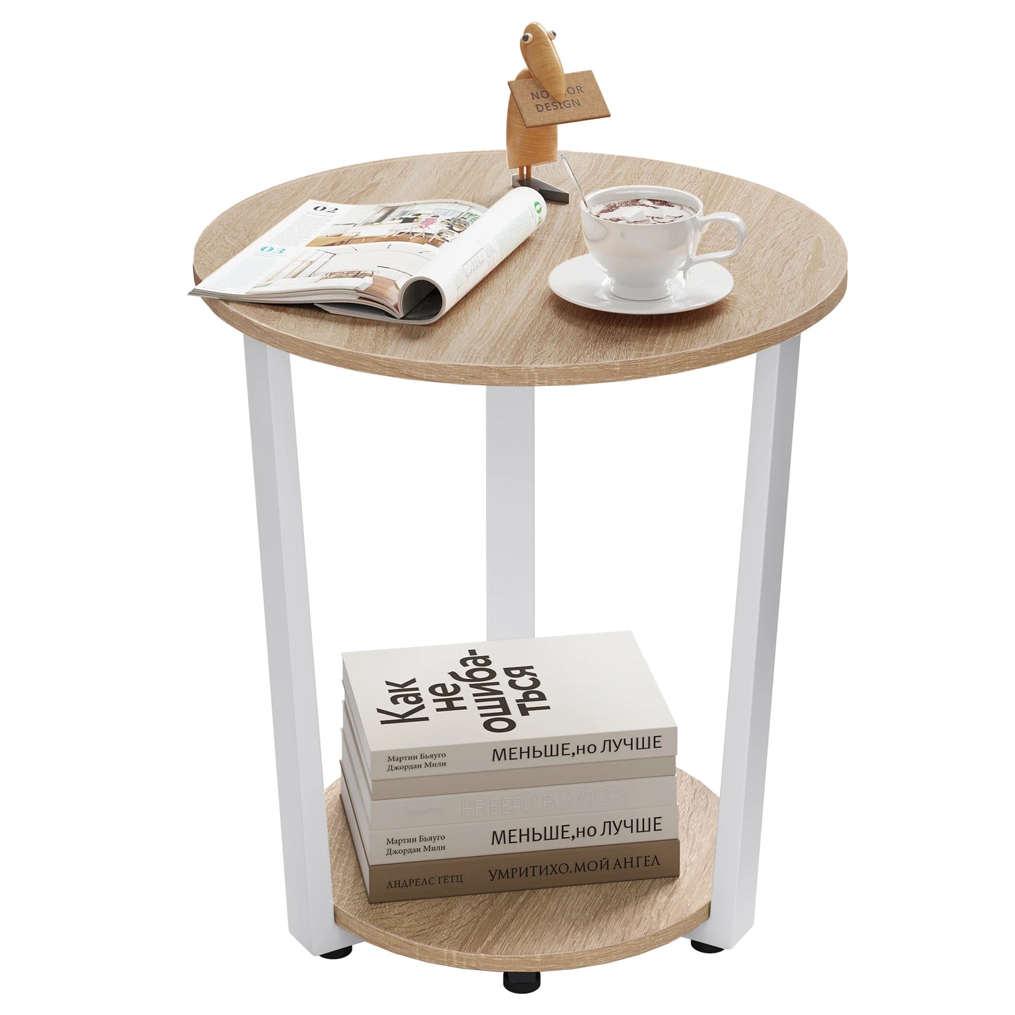 WOLTU Round Coffee Table Modern Small Sofa  Couch Table with 2 Shelves Tea Desk Bedside Table for Living Room Bedroom Home
