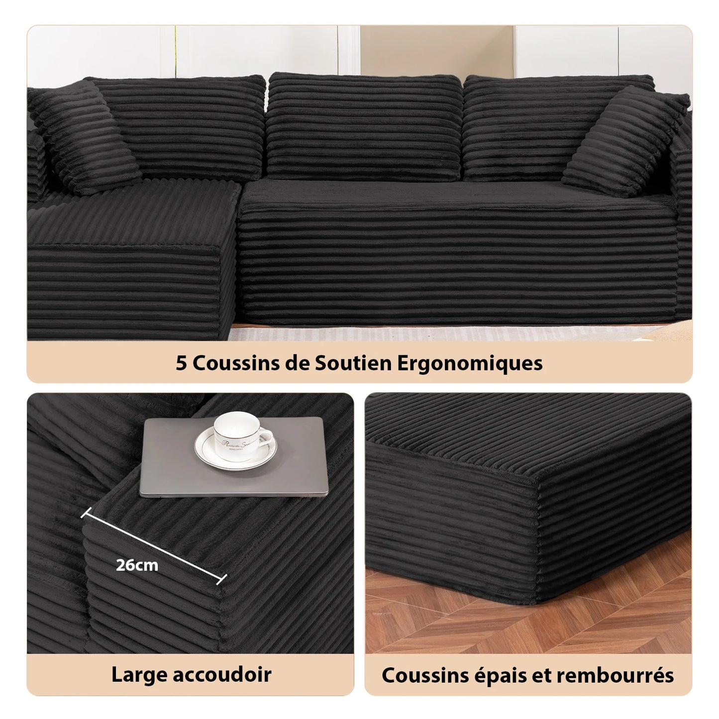 Canapé d'angle modulable Stella — tissu cordé scandinave, chaise longue réversible