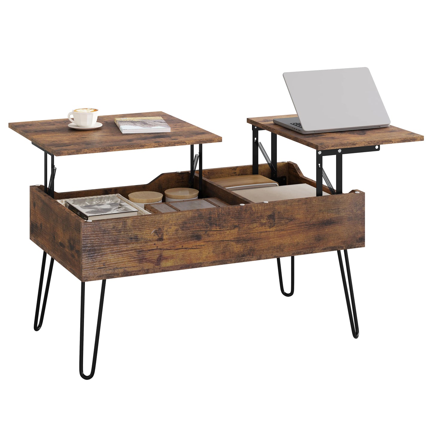 WOLTU Living Room Sofa Table Double Lifting Plate Coffee Table Height-Adjustable Pull-Out Coffee Table Separate Hidden Storage