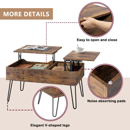 WOLTU Living Room Sofa Table Double Lifting Plate Coffee Table Height-Adjustable Pull-Out Coffee Table Separate Hidden Storage