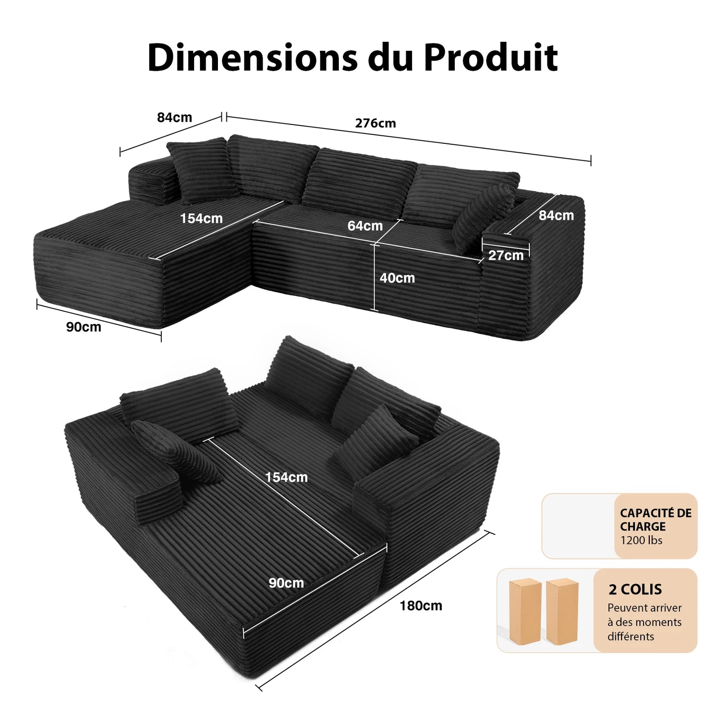 Canapé d'angle modulable Stella — tissu cordé scandinave, chaise longue réversible