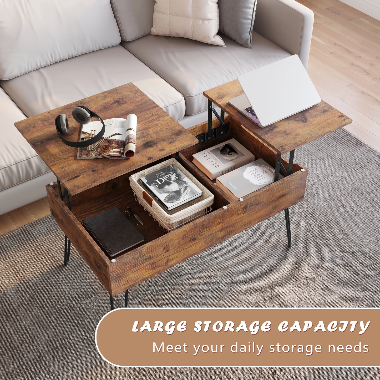 WOLTU Living Room Sofa Table Double Lifting Plate Coffee Table Height-Adjustable Pull-Out Coffee Table Separate Hidden Storage