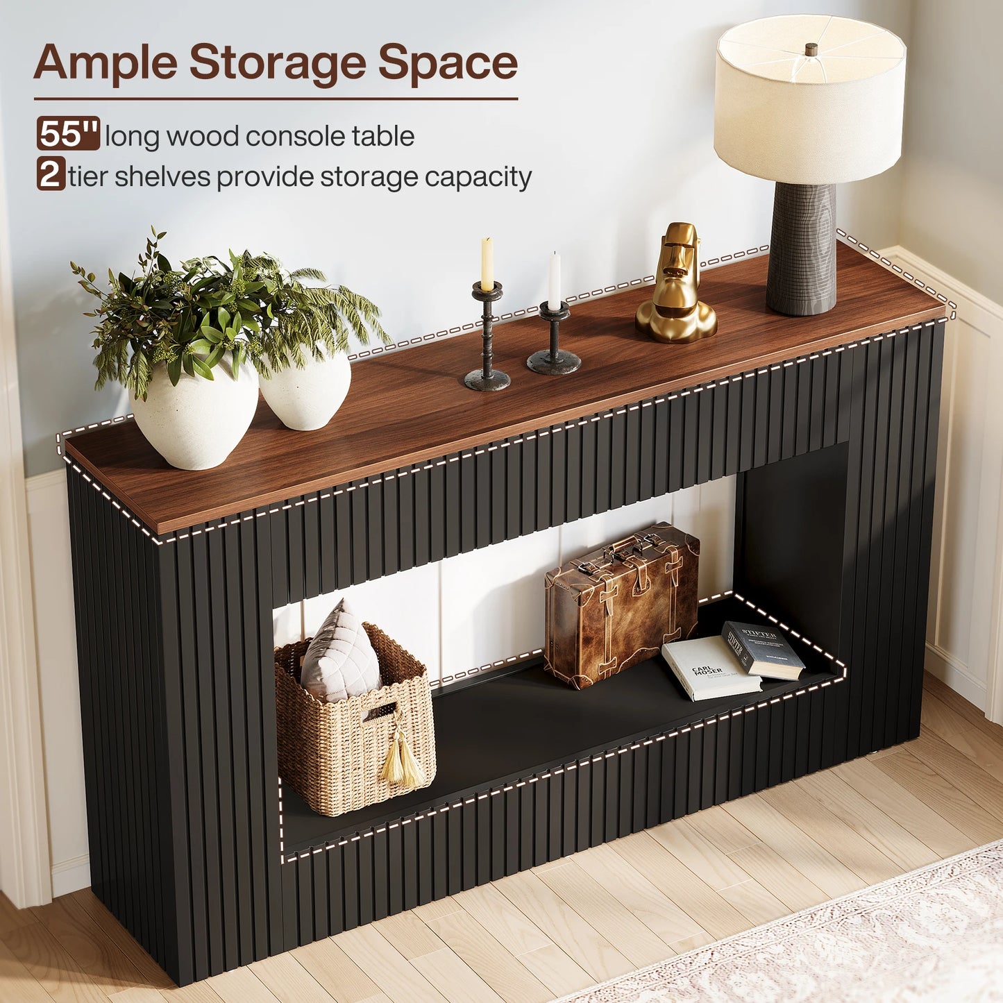 Console Damien — finition noir, bois, design contemporain, rangement intégré