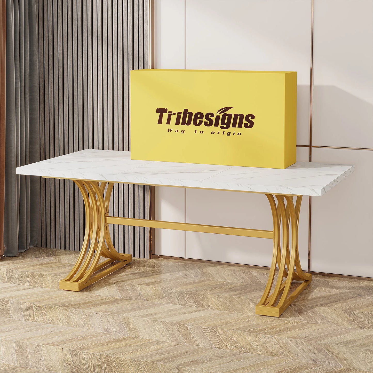 Table de salle à manger Louise — finition blanche, marbre, design contemporain, rectangulaire