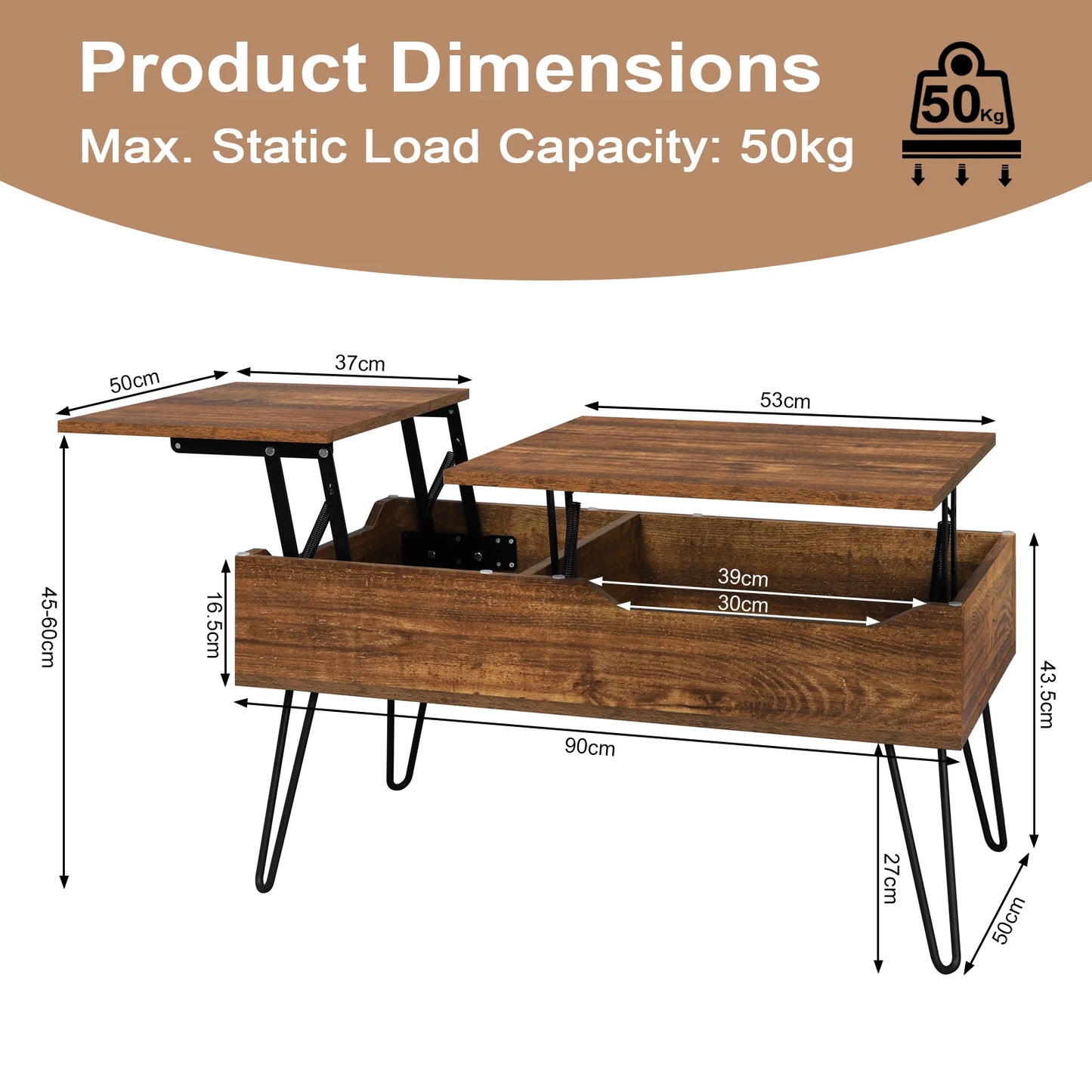 WOLTU Coffee Table Double Lifting Plate Sofa Table Height-Adjustable Pull-Out Living Room Table Separate Hidden Storage