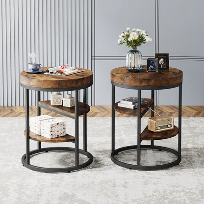 Table d'appoint Pauline — bois, style industriel, rangement intégré, ronde