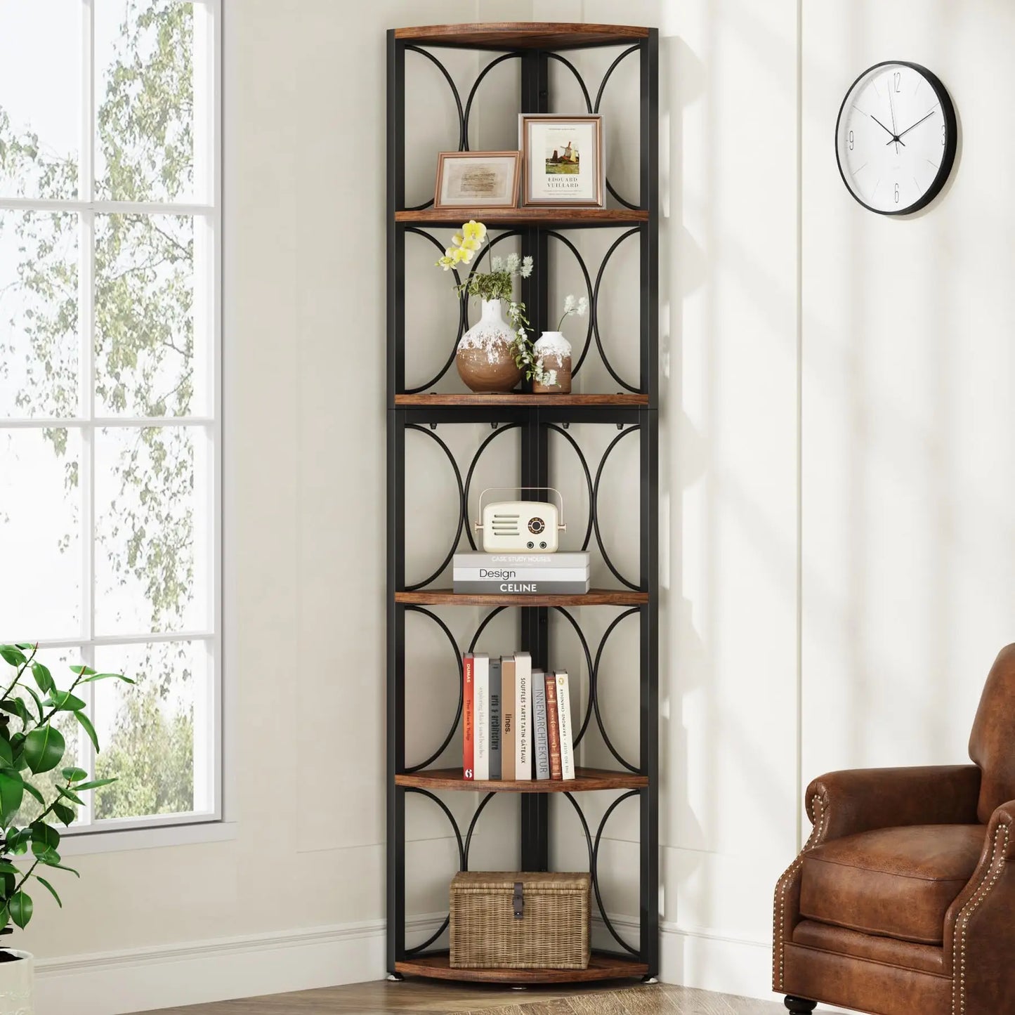 Bibliothèque Pascal — style rustique, rangement intégré, 6 niveaux, meuble d'angle