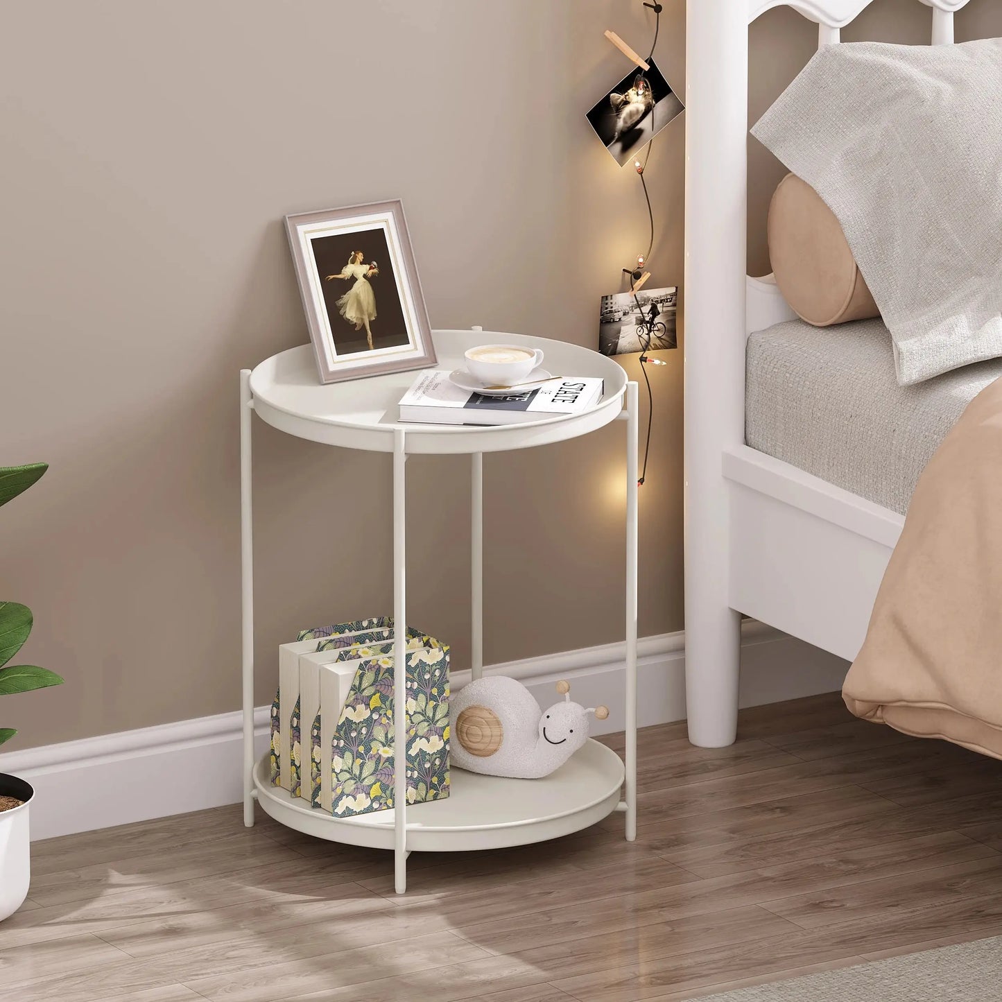 WOLTU Round Coffee Table Metal Side Table with Storage Space 2 Removable Trays Bedside Table for Bedroom Living Room Decor