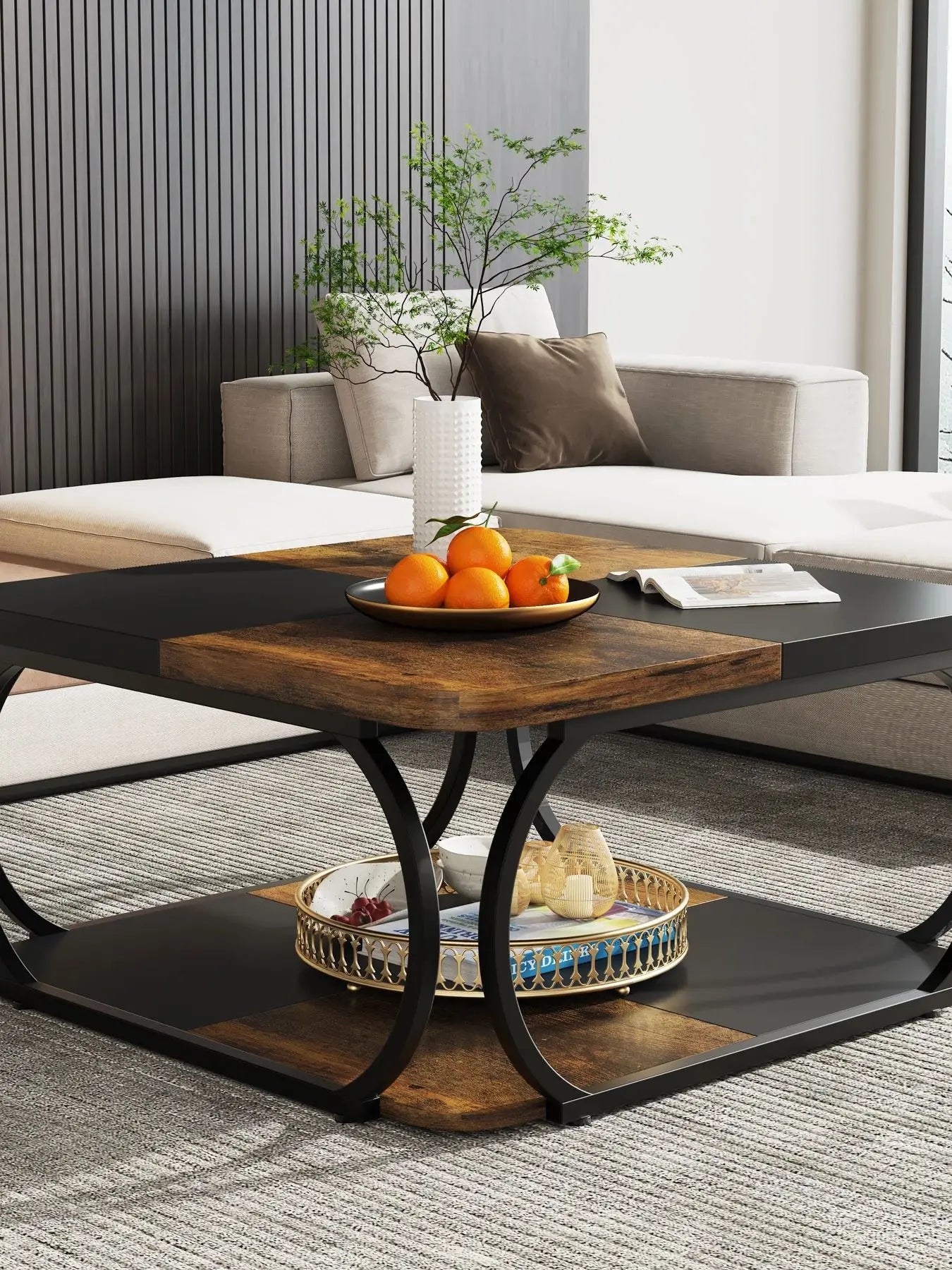 Table basse Mélanie — bois, métal, rangement intégré, 2 niveaux