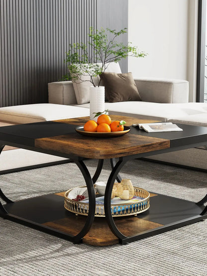 Table basse Mélanie — bois, métal, rangement intégré, 2 niveaux