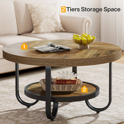 Table basse Ursule — rangement intégré, 2 niveaux, ronde, étagères ouvertes