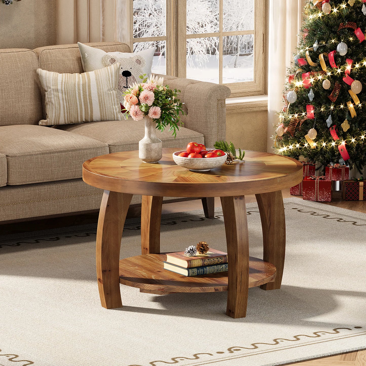 Table basse Yvonne — finition marron, bois massif, rangement intégré, 2 niveaux