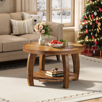 Table basse Yvonne — finition marron, bois massif, rangement intégré, 2 niveaux