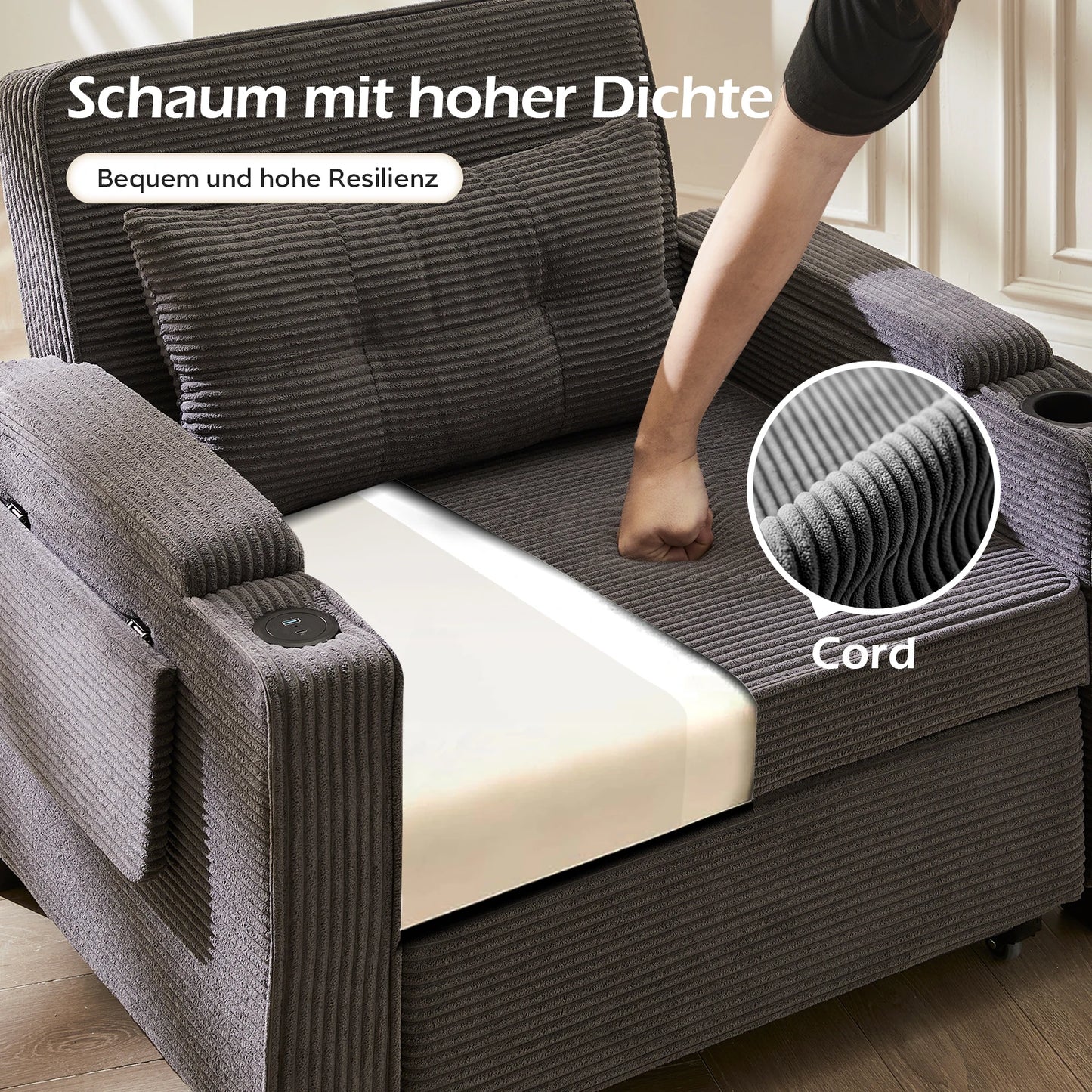 3-in-1 Single Sofa Bed with USB and Type-C, Adjustable Backrest TV Chair with Drink Holder and Armrest for Small Room Apartments