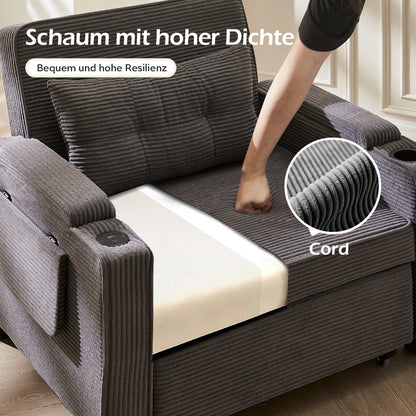 3-in-1 Single Sofa Bed with USB and Type-C, Adjustable Backrest TV Chair with Drink Holder and Armrest for Small Room Apartments