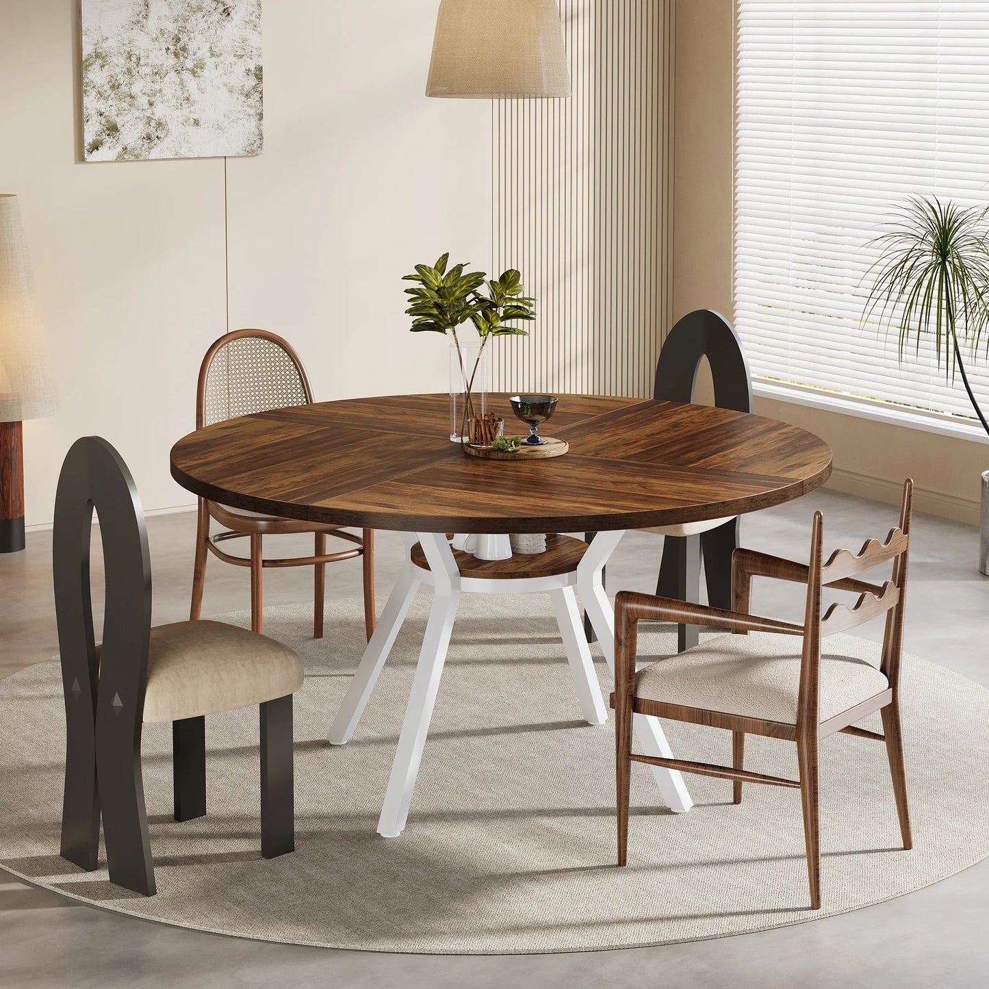 Table de salle à manger Jonathan — bois, métal, rangement intégré, ronde