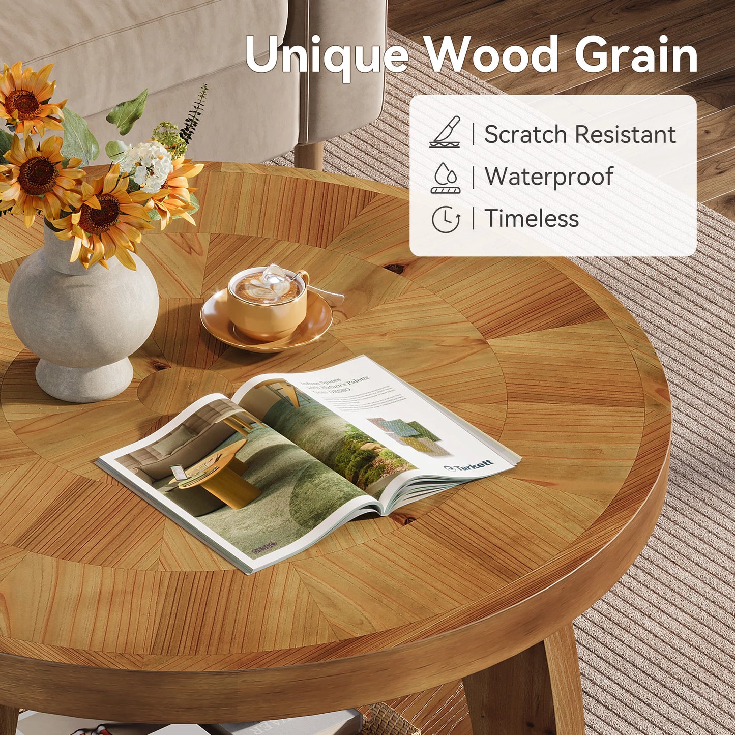 Table basse Yvonne — finition marron, bois massif, rangement intégré, 2 niveaux