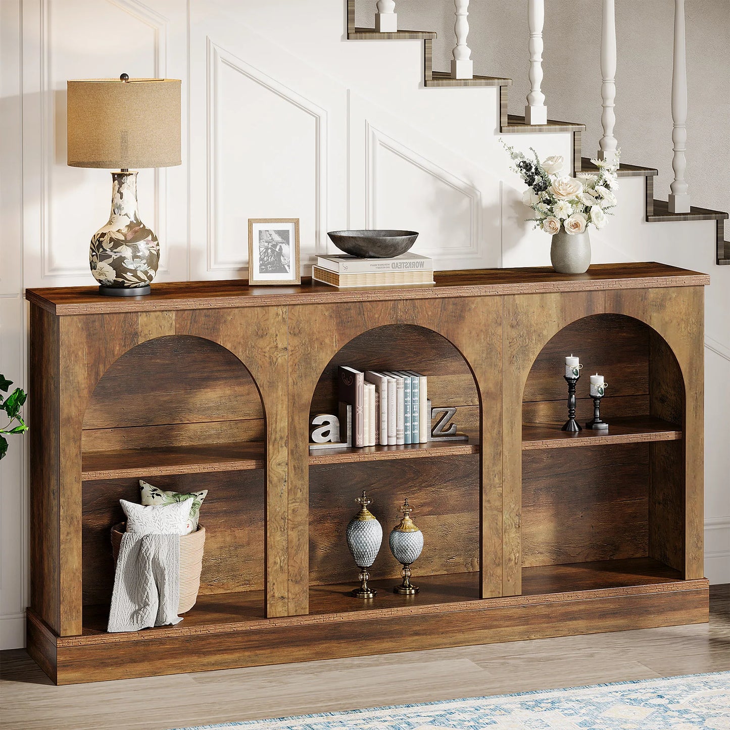 Console Éva — bois, métal, rangement intégré, 3 niveaux