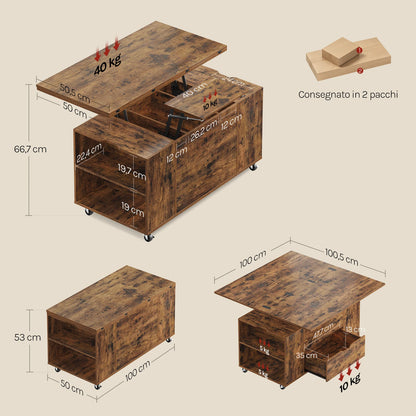 WOLTU Double Lift Top Coffee Table with Wheels Wood Sofa Table with Drawer and Storage Shelf Height-Adjustable Extendable for Living Room