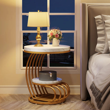 Table d'appoint Pénélope — finition dorée, marbre, design contemporain, rangement intégré
