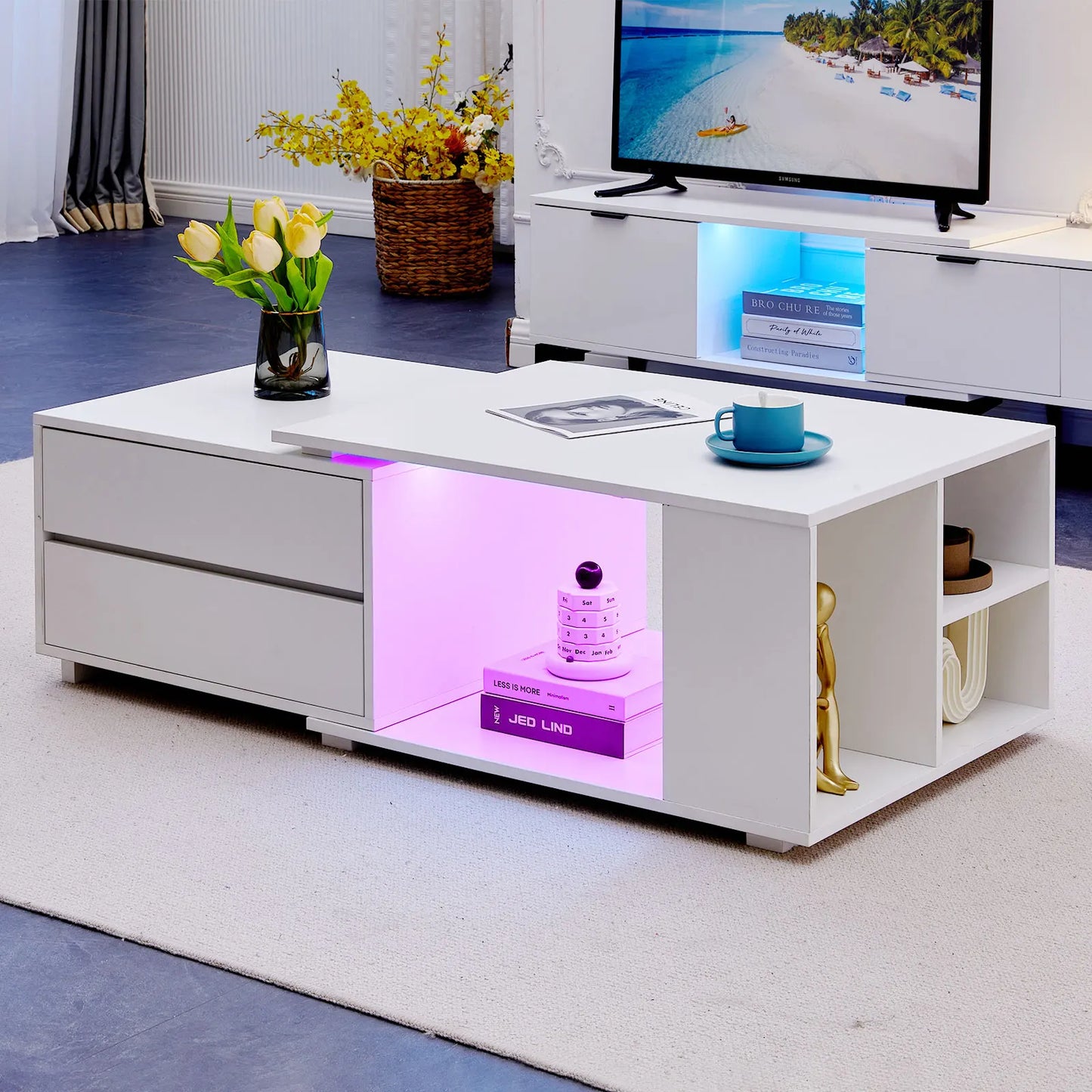 Extendable Coffee Table with LED Light, Living Room Centre Table with 4 Storage Drawers Shelves, Modern Wooden Sofa Side Table