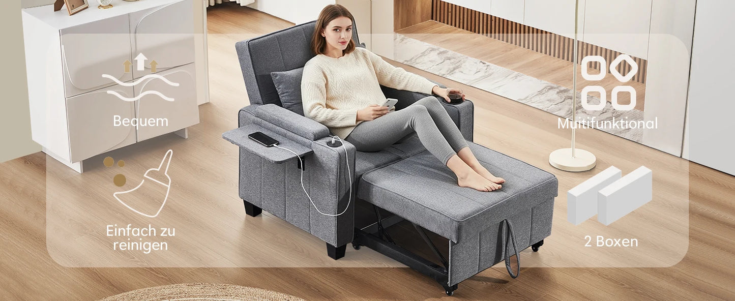 3-in-1 Sofa Bed with USB and Type-C, Adjustable Backrest TV Chair with Drink Holder and Armrest for Small Room Apartments