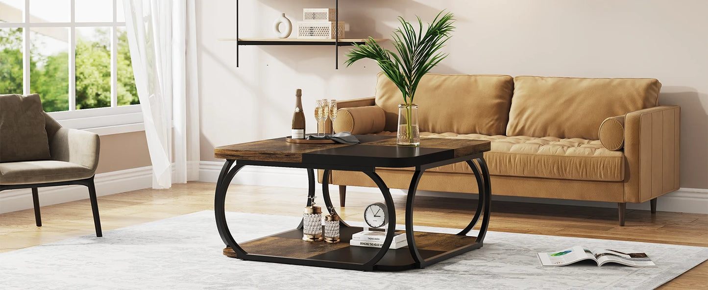 Table basse Mélanie — bois, métal, rangement intégré, 2 niveaux