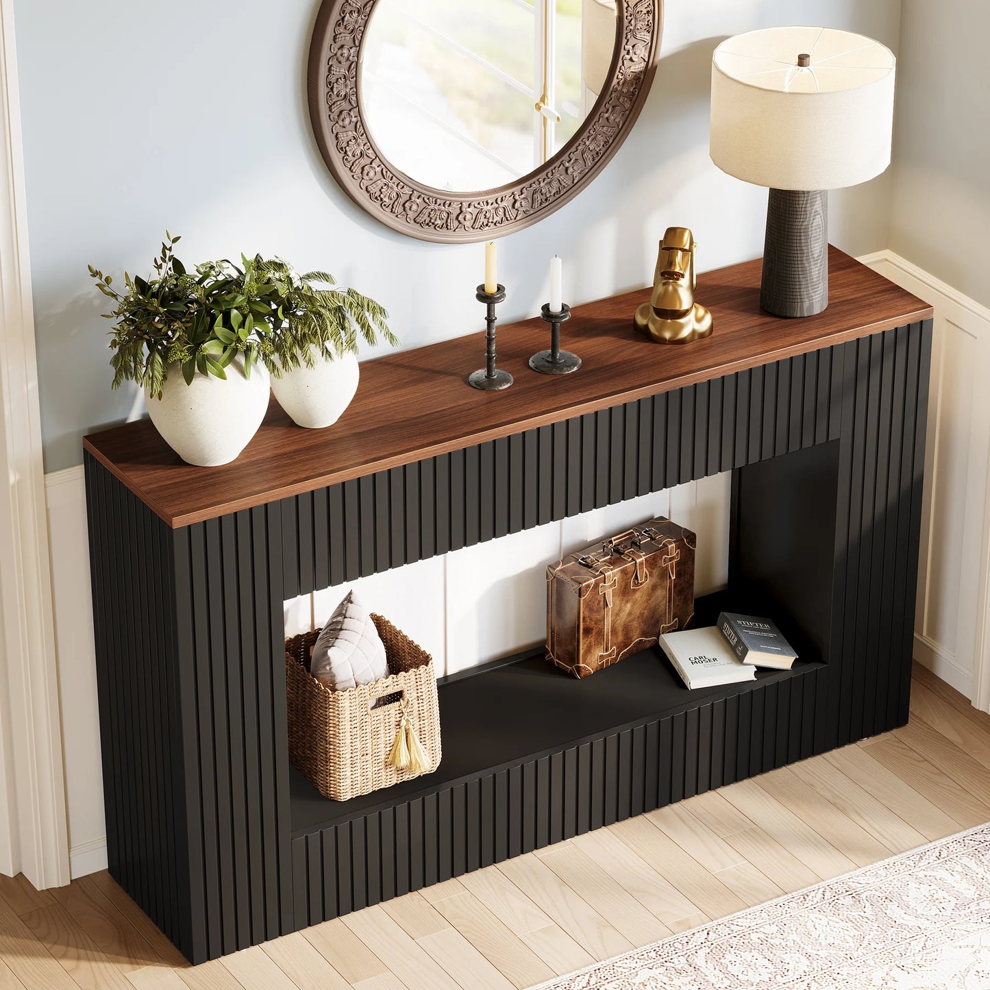 Console Damien — finition noir, bois, design contemporain, rangement intégré