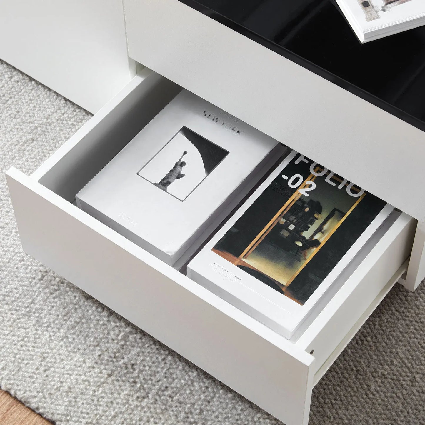 High Gloss Coffee Table, White Black Sofa Side Table with 4 Drawers, Rectangular Living Room Centre Table for Living Room Office