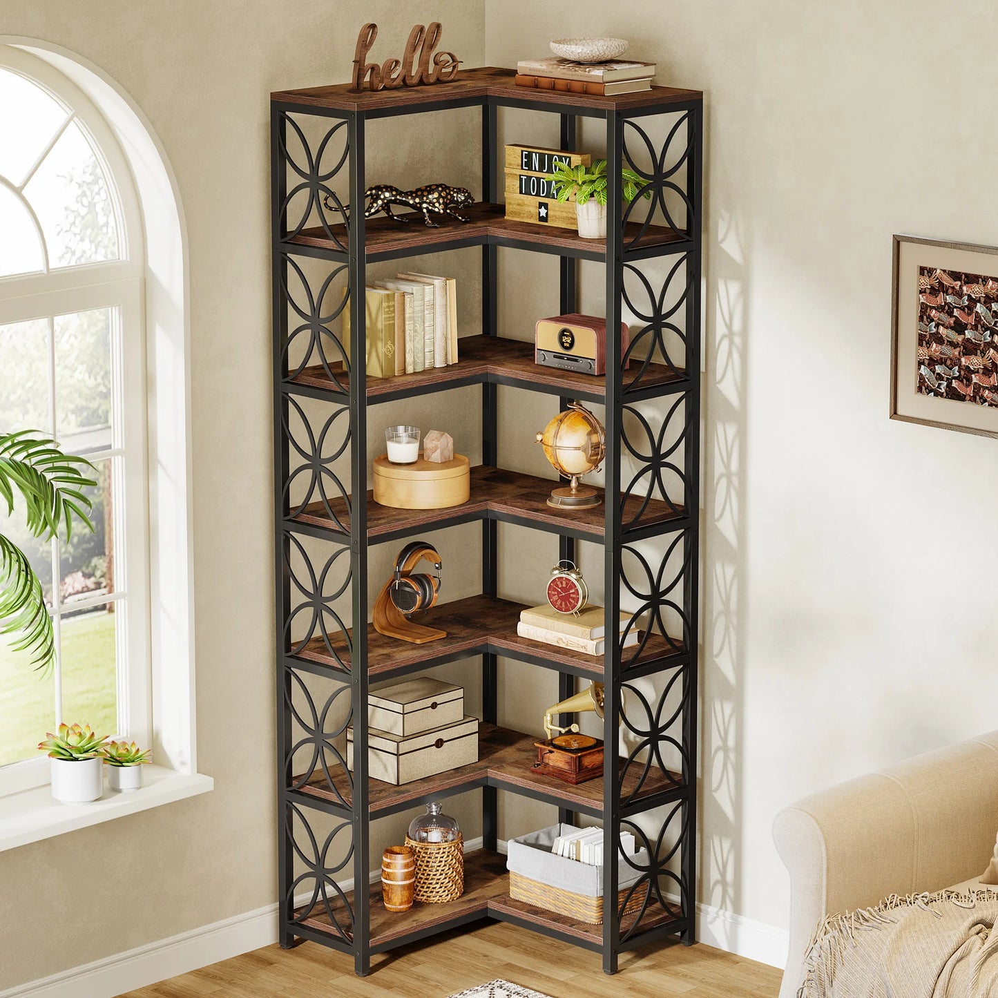 Bibliothèque Antoinette — bois, métal, 7 niveaux, meuble d'angle